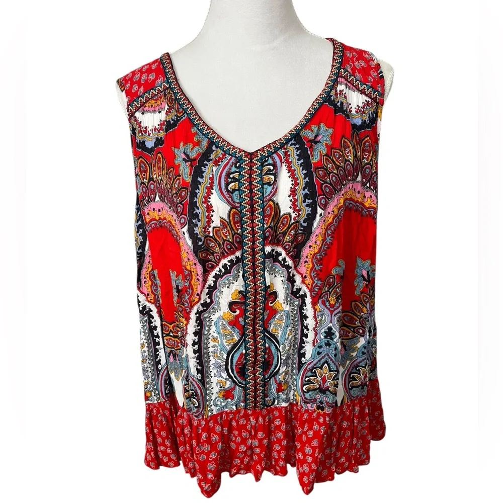 Bila boho Indian floral embroidered mixed print flowy tank XXL casual relaxed - Picture 1 of 8